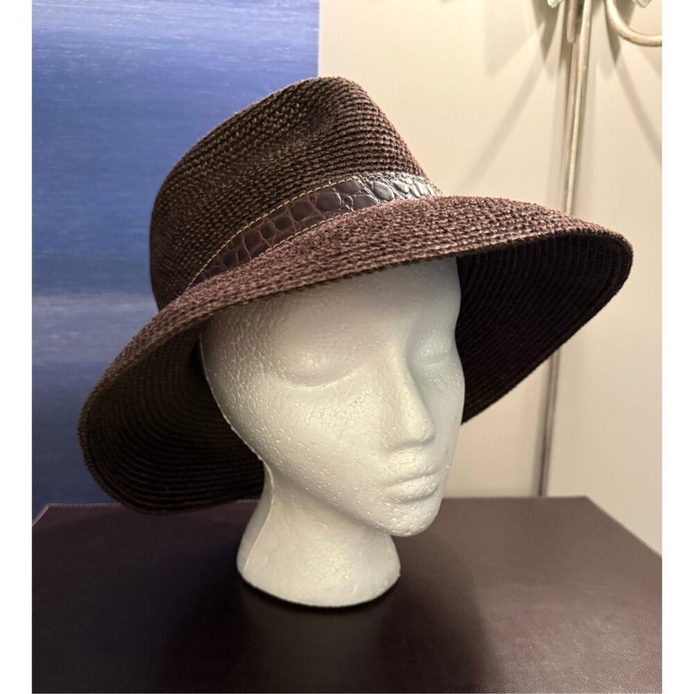 Eric Javits Brown Woven Cloche Hat Leather Buckle Wide Brim Designer Womens - Picture 4 of 9